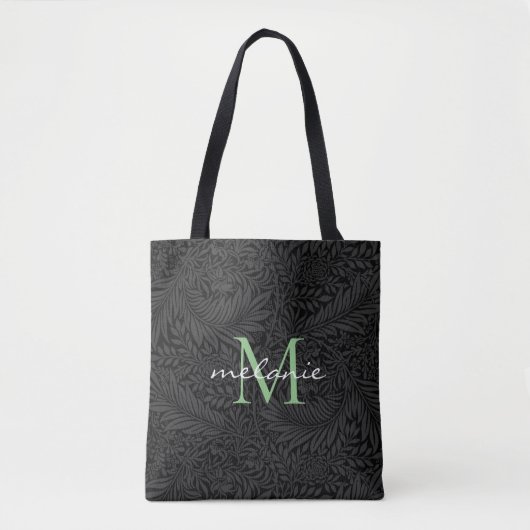 Elegant Black Floral Green Script Monogram Tote Bag (Voorkant)