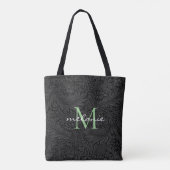 Elegant Black Floral Green Script Monogram Tote Bag (Achterkant)
