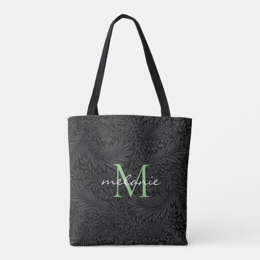 Elegant Black Floral Green Script Monogram Tote Bag (Achterkant)