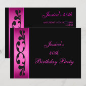 Elegant Black Floral Hot Pink Party Kaart (Voorkant / Achterkant)