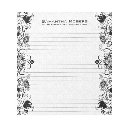 Elegant Black Floral Lace en White Damaskers Notitieblok (Voorkant)