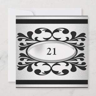 Elegant Black Floral Light Silver 21st Birthday Kaart