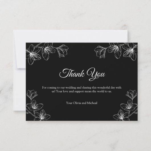 Elegant Black Floral Line Art Wedding  Bedankkaart (Voorkant)