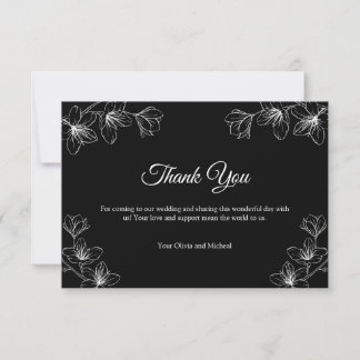 Elegant Black Floral Line Art Wedding Bedankkaart