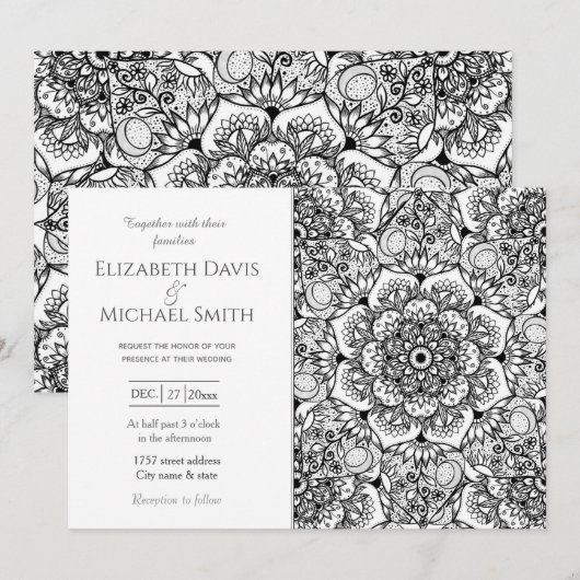 Elegant Black Floral Mandala White Design Kaart (Voorkant / Achterkant)