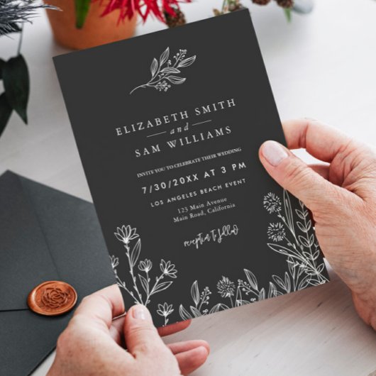 Elegant Black Floral Minimal Simple Wedding Kaart