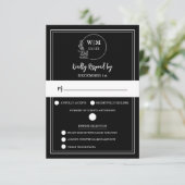 Elegant Black Floral Monogram Response Card RSVP Kaartje (Staand voorkant)
