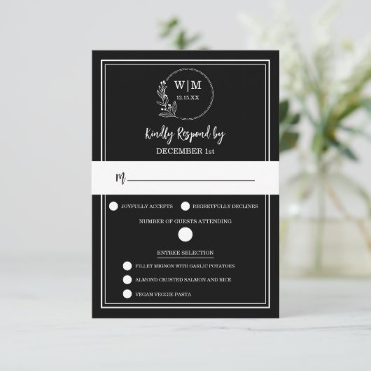 Elegant Black Floral Monogram Response Card RSVP Kaartje (Staand voorkant)