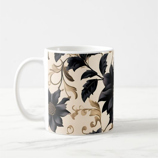 Elegant Black Floral Pattern Koffiemok (Links)