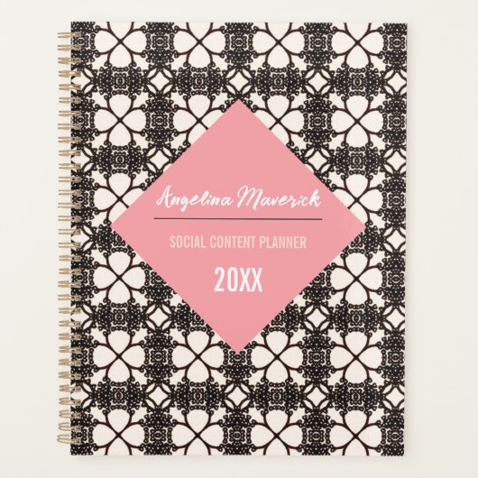 Elegant Black Floral Pattern roze teksthouder Planner (Voorkant)