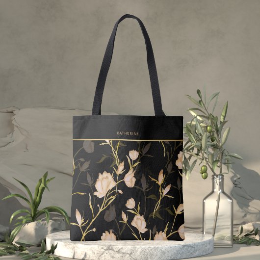 Elegant Black Floral Pattern Stylish Girly Trendy Tote Bag