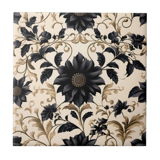Elegant Black Floral Pattern Tegeltje (Voorkant)