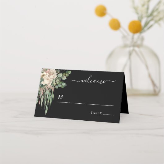 Elegant Black Floral Peonies Wedding Plaatskaartje (Voorkant)