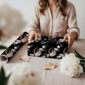 Elegant Black Floral Peony Celestial Moon & Stars Cadeaupapier