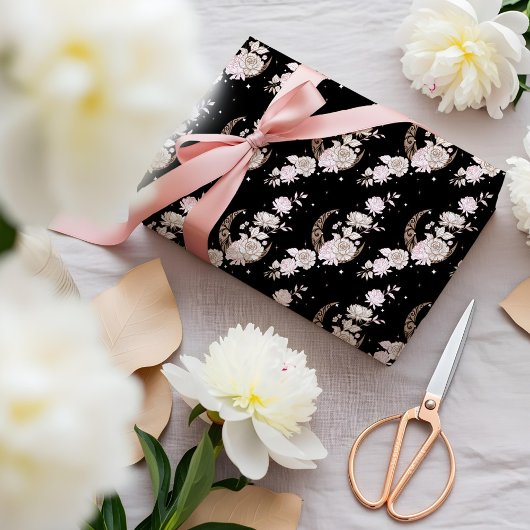 Elegant Black Floral Peony Celestial Moon & Stars Cadeaupapier