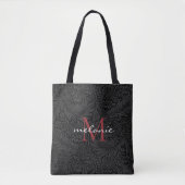 Elegant Black Floral Red Script Monogram Tote Bag (Voorkant)
