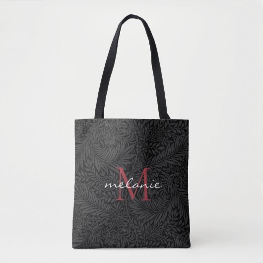 Elegant Black Floral Red Script Monogram Tote Bag (Voorkant)