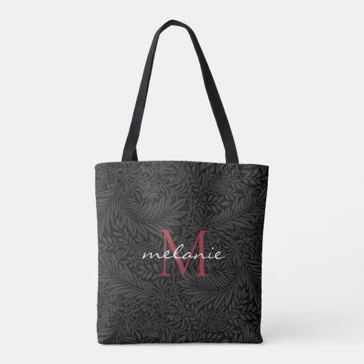 Elegant Black Floral Red Script Monogram Tote Bag (Achterkant)