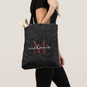 Elegant Black Floral Red Script Monogram Tote Bag (Dichtbij)