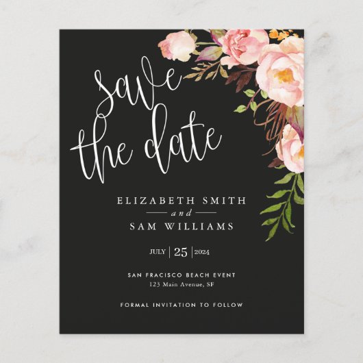 Elegant Black Floral Save the Date Budget Flyer (Voorkant)