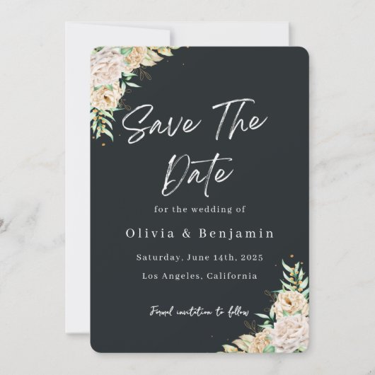 Elegant Black Floral Save the Date Card (Voorkant)