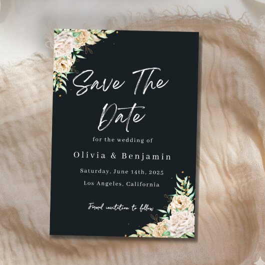 Elegant Black Floral Save the Date Card