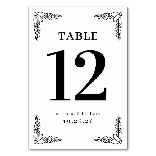 Elegant Black Floral Table Number Kaart (Voorkant)
