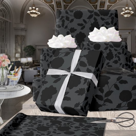 Elegant Black Floral Vine op houtskool grijs Cadeaupapier