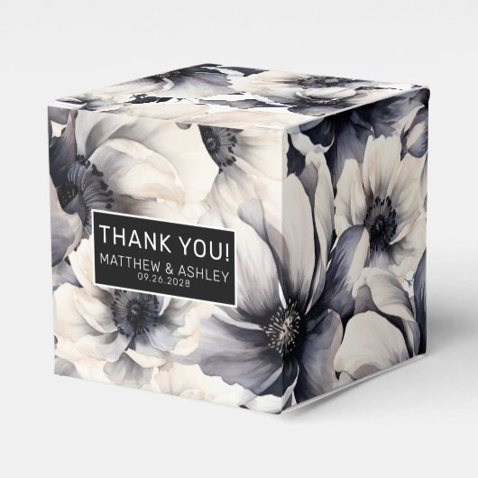 Elegant Black Floral Wedding Bedankdoosjes (Voorkant Zijde)