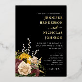 Elegant Black Floral Wedding Gold Folie Uitnodiging (Voorkant)