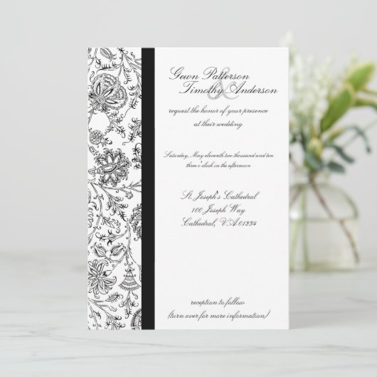 Elegant Black Floral Wedding Invitations Kaart (Staand voorkant)