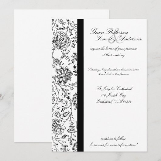 Elegant Black Floral Wedding Invitations Kaart (Voorkant / Achterkant)