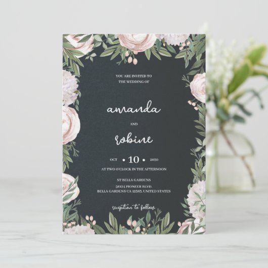 Elegant Black Floral Wedding Kaart (Staand voorkant)