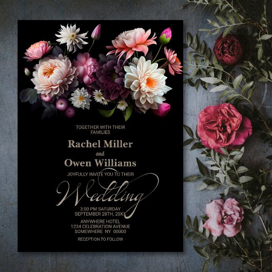 Elegant Black Floral Wedding Kaart