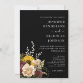 Elegant Black Floral Wedding Kaart (Voorkant)