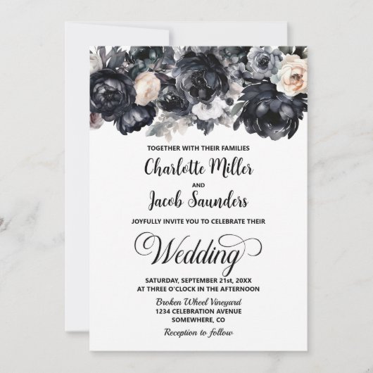 Elegant Black Floral Wedding Kaart (Voorkant)