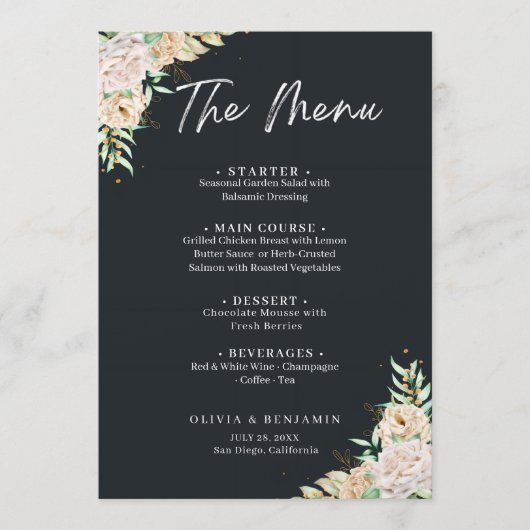Elegant Black Floral Wedding Menu Template (Voorkant)