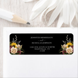 Elegant Black Floral Wedding Return Address Etiket