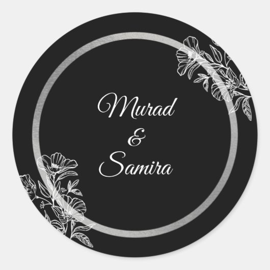 Elegant Black Floral Wedding Ronde Sticker (Voorkant)