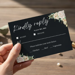 Elegant Black Floral Wedding RSVP Card Template Kaartje