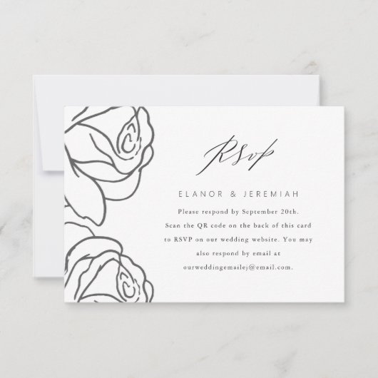 Elegant Black Floral Wedding RSVP met QR-code (Voorkant)