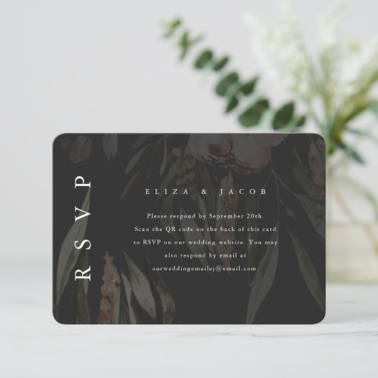 Elegant Black Floral Wedding RSVP met QR-code (Staand voorkant)