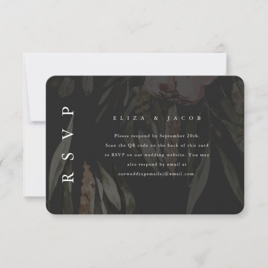 Elegant Black Floral Wedding RSVP met QR-code (Voorkant)