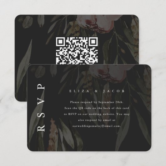 Elegant Black Floral Wedding RSVP met QR-code Kaartje (Voorkant / Achterkant)