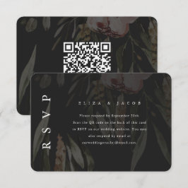 Elegant Black Floral Wedding RSVP met QR-code Kaartje