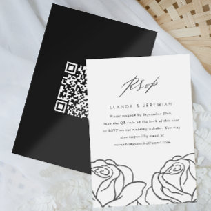 Elegant Black Floral Wedding RSVP met QR-code Kaartje