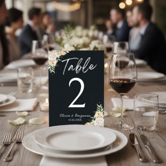 Elegant Black Floral Wedding Table Number Card Kaart