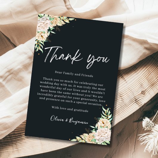 Elegant Black Floral Wedding Thank You Card Bedankkaart