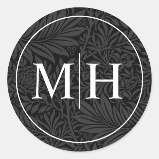 Elegant Black Floral White Monogram Weddenschap Ronde Sticker (Voorkant)