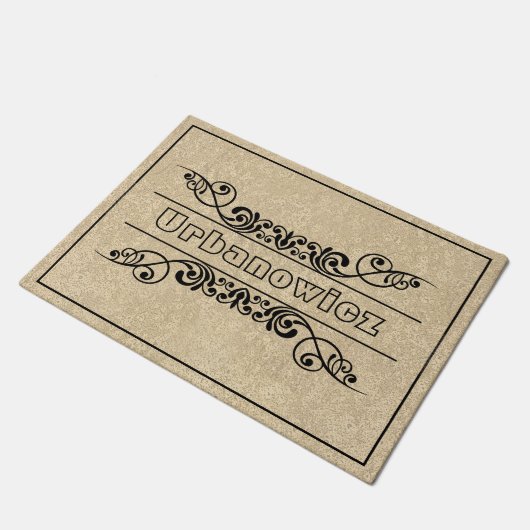 Elegant Black Flourish Custom Name Welkom Deurmat (Schuin)